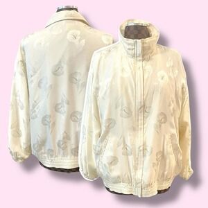 Vtg 80s Floral Silk Bomber Jacket Cream Gold Metallic Coat Size Large Lily Retro